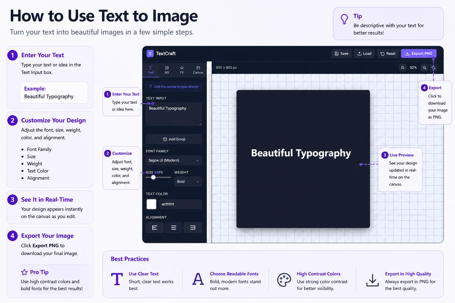 TextCraft interface showing a canvas with styled text over a gradient background, with font and effects controls visible in the sidebar